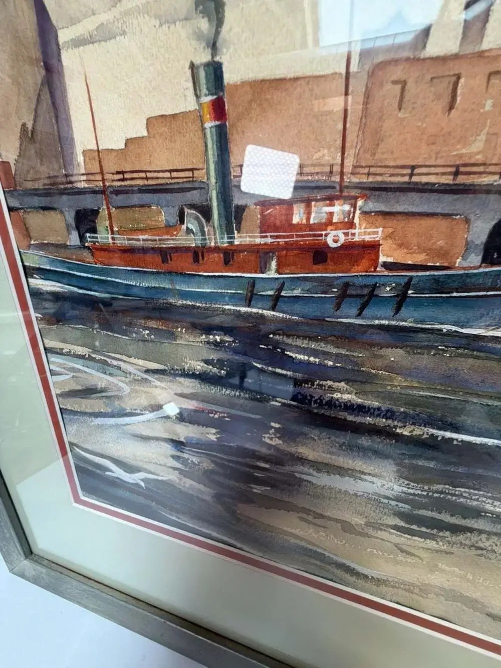 Vintage Watercolor Painting Bridgeport‎ Harbor by Henry E. Walsh